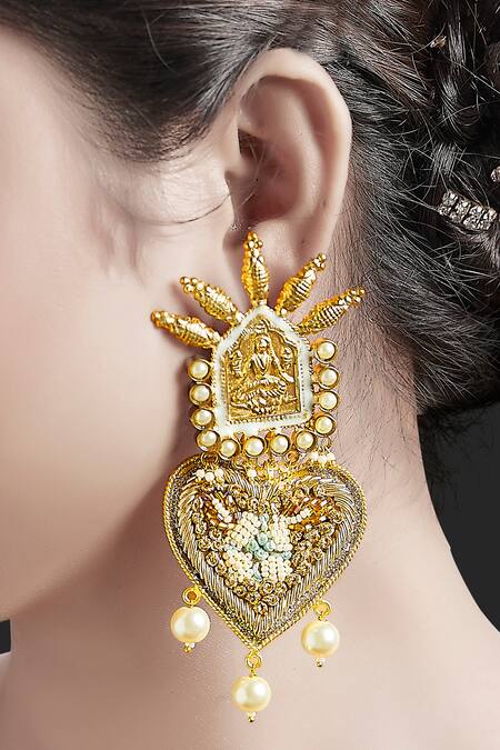 Shop Tizora Gold Plated Beads, Embroidery Antique Handcrafted Danglers Online at Aza Fashions Shop_Tizora_Gold Plated Beads, Embroidery Antique Handcrafted Danglers _Online_at_Aza_Fashions