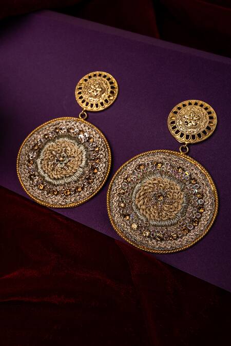 Buy_Tizora_Gold Plated Embroidery, Zari Hand Danglers _Online_at_Aza_Fashions