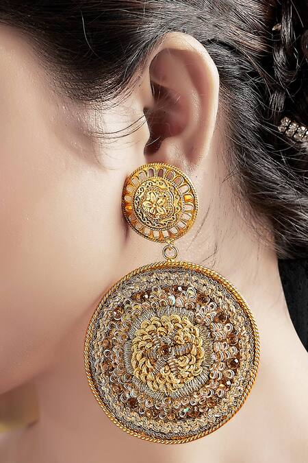 Shop_Tizora_Gold Plated Embroidery, Zari Hand Danglers _Online_at_Aza_Fashions