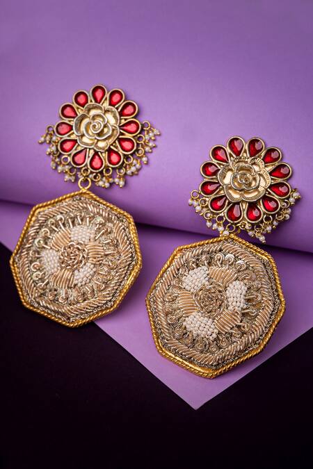 Buy Tizora Gold Plated Metallic Thread Meenakari Floral Danglers Online at Aza Fashions Buy_Tizora_Gold Plated Metallic Thread Meenakari Floral Danglers _Online_at_Aza_Fashions