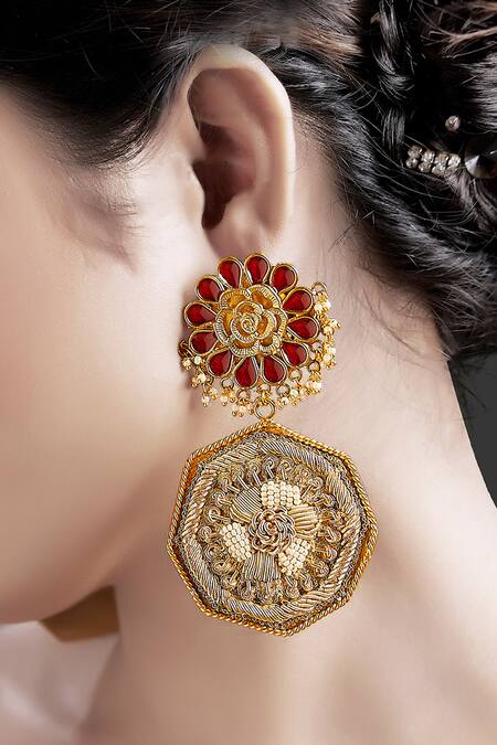 Shop Tizora Gold Plated Metallic Thread Meenakari Floral Danglers Online at Aza Fashions Shop_Tizora_Gold Plated Metallic Thread Meenakari Floral Danglers _Online_at_Aza_Fashions