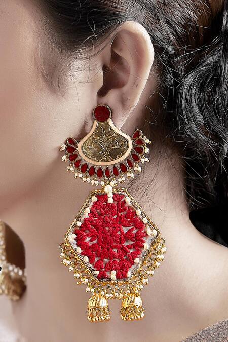 Buy_Tizora_Gold Plated Beads, Zari, Embroidery Jhumka Danglers _Online_at_Aza_Fashions