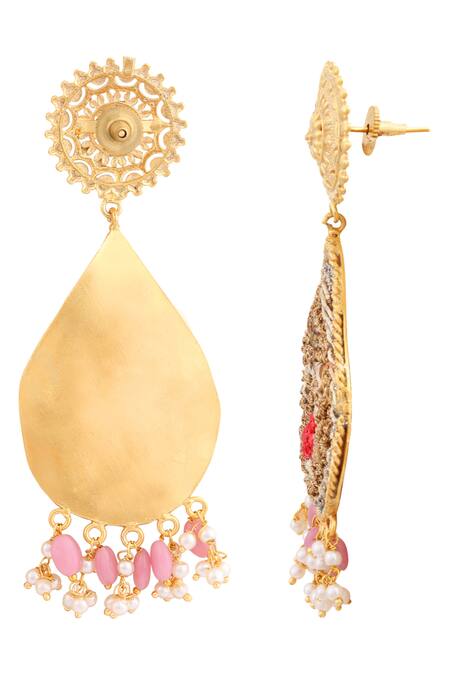 Tizora Gold Plated Beads, Pearls Embroidered Dangler Earrings Online at Aza Fashions Tizora_Gold Plated Beads, Pearls Embroidered Dangler Earrings _Online_at_Aza_Fashions