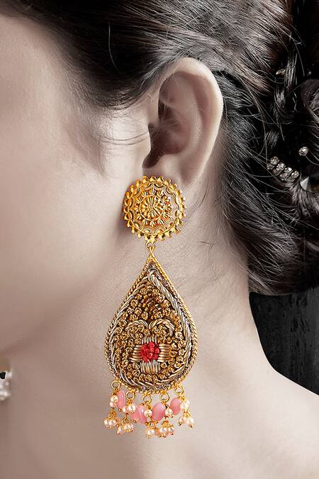 Buy Tizora Gold Plated Beads, Pearls Embroidered Dangler Earrings Online at Aza Fashions Buy_Tizora_Gold Plated Beads, Pearls Embroidered Dangler Earrings _Online_at_Aza_Fashions