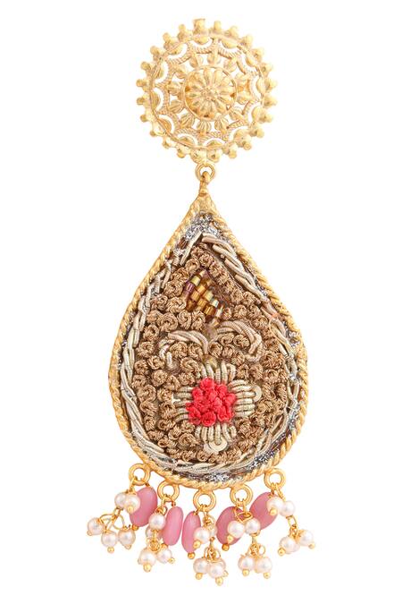 Shop Tizora Gold Plated Beads, Pearls Embroidered Dangler Earrings Online at Aza Fashions Shop_Tizora_Gold Plated Beads, Pearls Embroidered Dangler Earrings _Online_at_Aza_Fashions