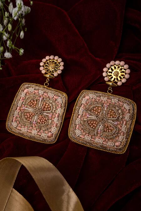 Buy Tizora Gold Plated Embroidery, Beads Dangler Earrings Online at Aza Fashions Buy_Tizora_Gold Plated Embroidery, Beads Dangler Earrings _Online_at_Aza_Fashions