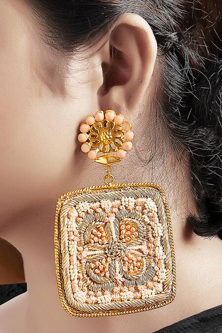 Shop Tizora Gold Plated Embroidery, Beads Dangler Earrings Online at Aza Fashions Shop_Tizora_Gold Plated Embroidery, Beads Dangler Earrings _Online_at_Aza_Fashions