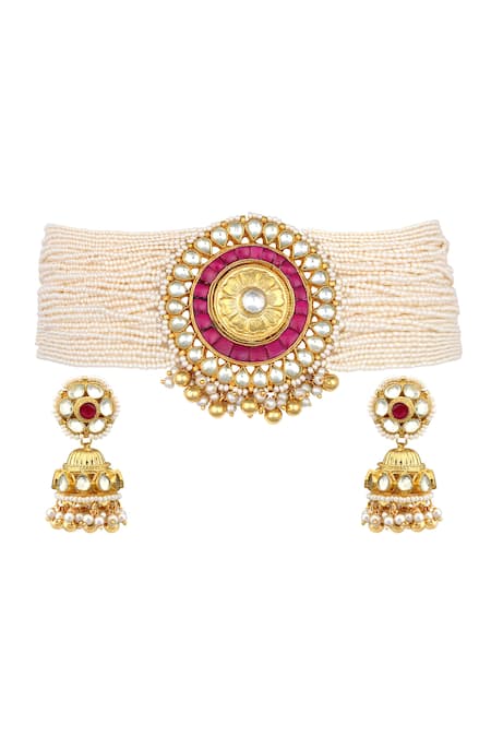 Shop_Tizora_Gold Plated Pearls Kundan Pendant Choker Set _at_Aza_Fashions