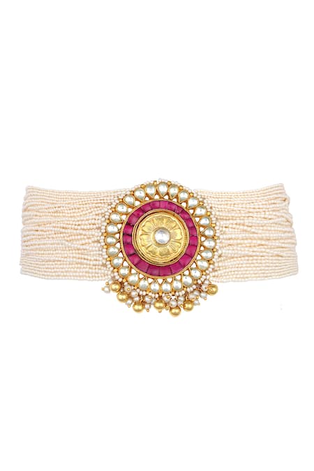 Tizora_Gold Plated Pearls Kundan Pendant Choker Set _Online_at_Aza_Fashions