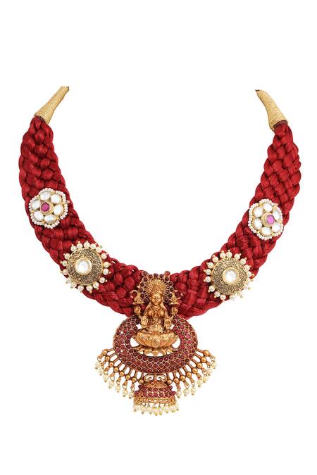 Tizora Gold Plated Pearls, Stones, Gota Patti Handcrafted Temple Necklace Set Online at Aza Fashions Tizora_Gold Plated Pearls, Stones, Gota Patti Handcrafted Temple Necklace Set _Online_at_Aza_Fashions