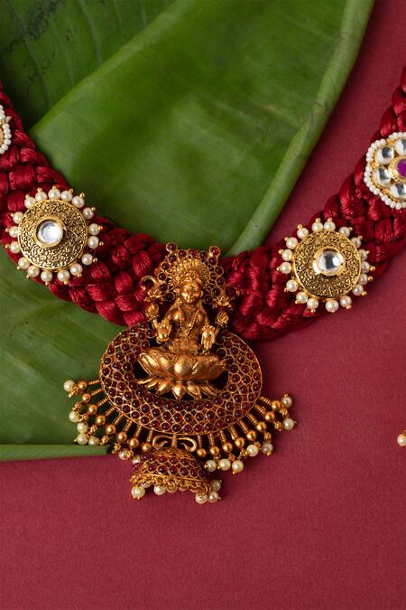 Buy Tizora Gold Plated Pearls, Stones, Gota Patti Handcrafted Temple Necklace Set Online at Aza Fashions Buy_Tizora_Gold Plated Pearls, Stones, Gota Patti Handcrafted Temple Necklace Set _Online_at_Aza_Fashions