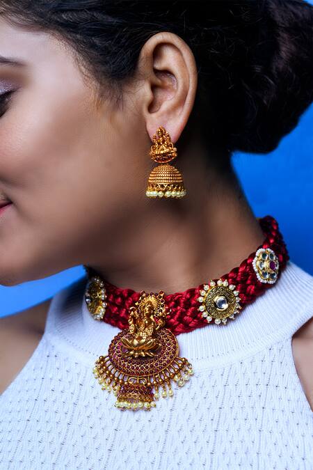 Shop Tizora Gold Plated Pearls, Stones, Gota Patti Handcrafted Temple Necklace Set Online at Aza Fashions Shop_Tizora_Gold Plated Pearls, Stones, Gota Patti Handcrafted Temple Necklace Set _Online_at_Aza_Fashions