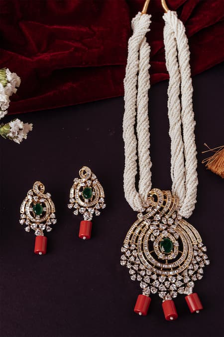 Buy Tizora Gold Plated Diamonds, Pearls, Stones Multistrand Beaded Necklace Set Online at Aza Fashions Buy_Tizora_Gold Plated Diamonds, Pearls, Stones Multistrand Beaded Necklace Set _Online_at_Aza_Fashions
