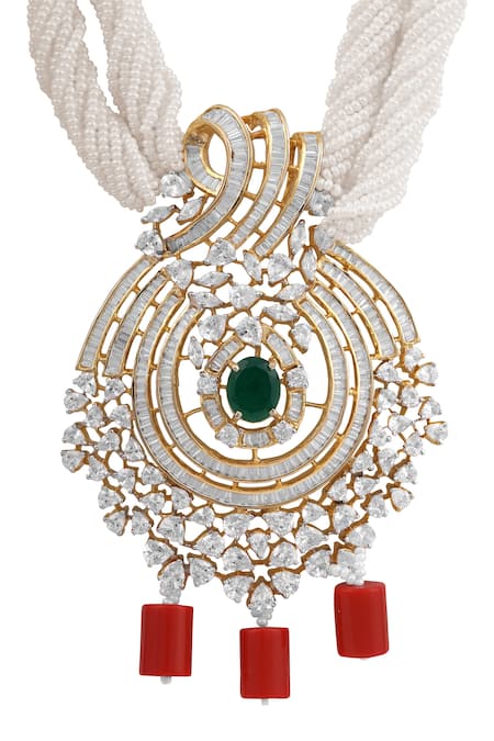 Tizora Gold Plated Diamonds, Pearls, Stones Multistrand Beaded Necklace Set at Aza Fashions Tizora_Gold Plated Diamonds, Pearls, Stones Multistrand Beaded Necklace Set _at_Aza_Fashions