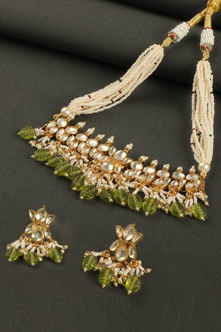 Tizora_White Pearls, Beads Kundan Choker Set _Online_at_Aza_Fashions