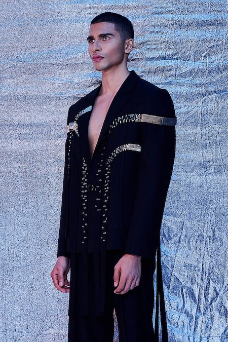 Shop_Line Out Line_Black Cotton Embroidered Sequin And Patch Work Arch Panelled Jacket_Online_at_Aza_Fashions