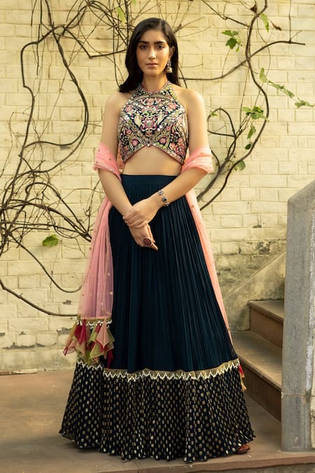 Buy_Basanti - Kapde Aur Koffee_Blue Blouse Raw Silk, Dupatta Net, Lehenga Chinnon Mirror, Tiered Set _Online_at_Aza_Fashions