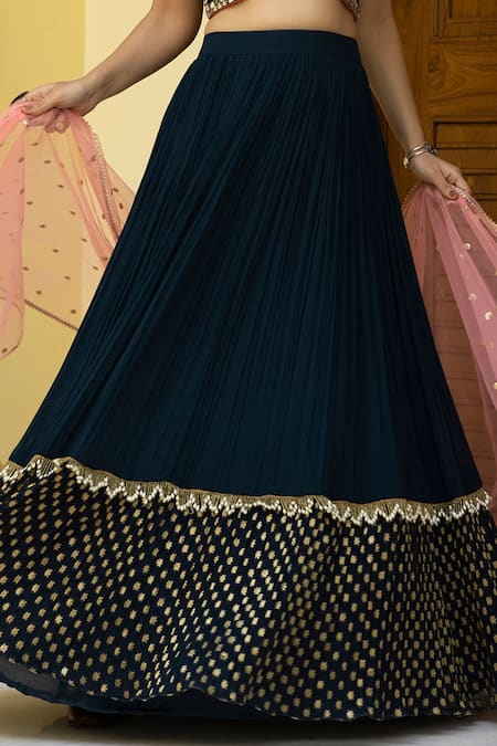 Shop_Basanti - Kapde Aur Koffee_Blue Blouse Raw Silk, Dupatta Net, Lehenga Chinnon Mirror, Tiered Set _Online_at_Aza_Fashions