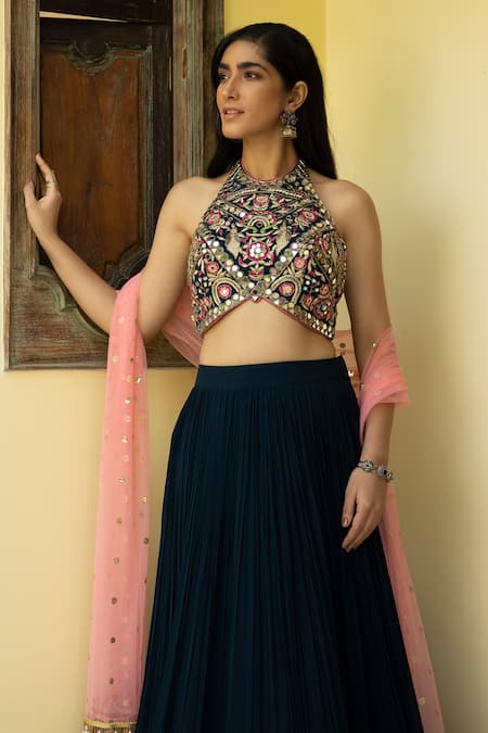 Basanti - Kapde Aur Koffee_Blue Blouse Raw Silk, Dupatta Net, Lehenga Chinnon Mirror, Tiered Set _at_Aza_Fashions