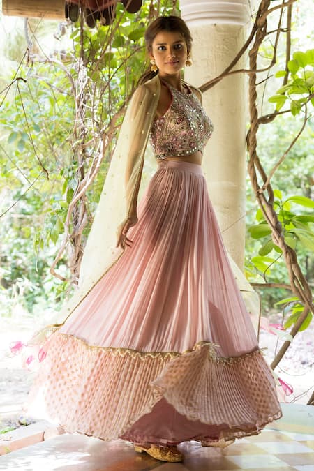 Shop_Basanti - Kapde Aur Koffee_Pink Organza, Georgette Halter Embroidered Lehenga Set _at_Aza_Fashions