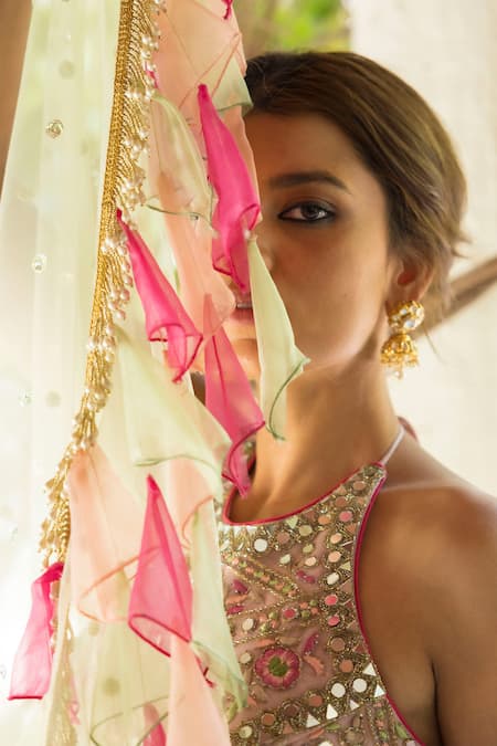 Buy_Basanti - Kapde Aur Koffee_Pink Organza, Georgette Halter Embroidered Lehenga Set _Online_at_Aza_Fashions