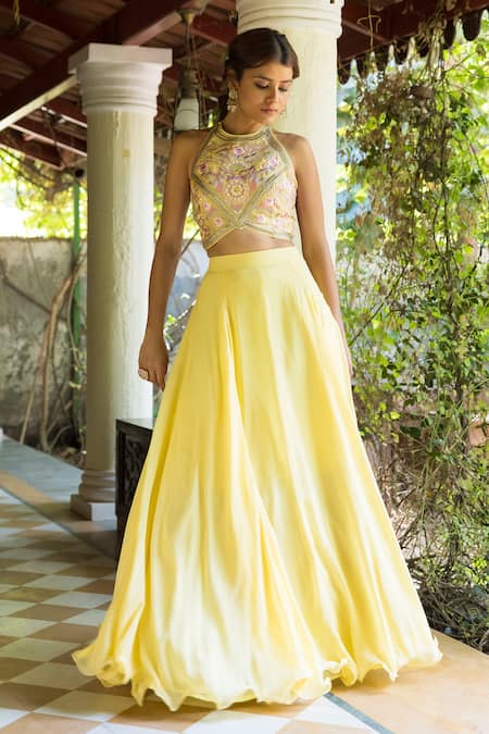 Shop_Basanti - Kapde Aur Koffee_Yellow Organza, Georgette Halter Blouse And Lehenga Set _at_Aza_Fashions