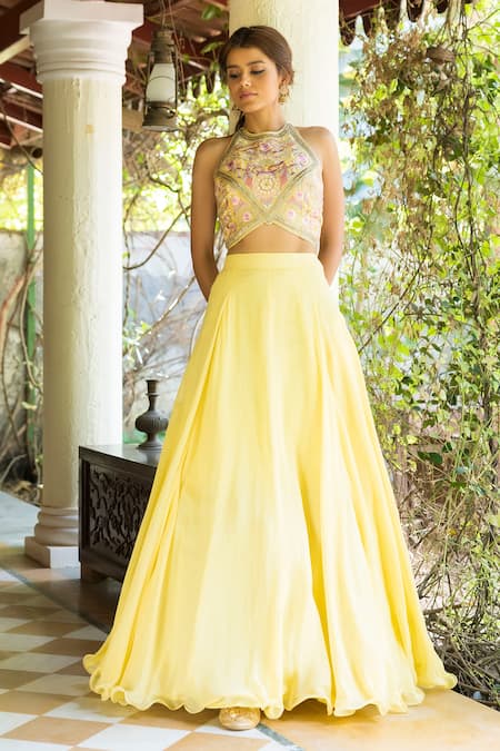 Basanti - Kapde Aur Koffee_Yellow Organza, Georgette Halter Blouse And Lehenga Set _Online_at_Aza_Fashions