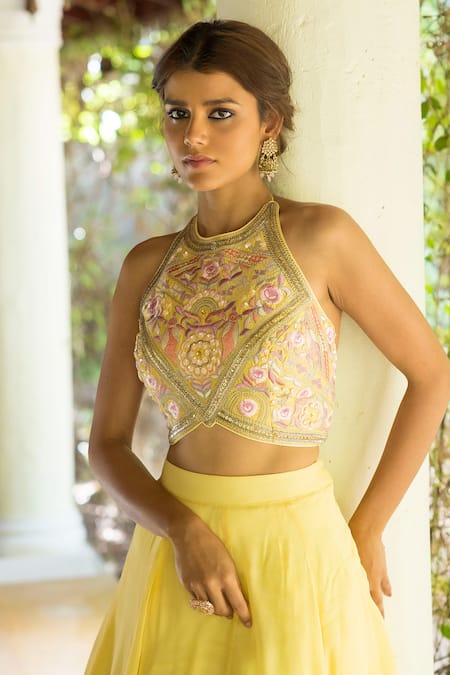 Buy_Basanti - Kapde Aur Koffee_Yellow Organza, Georgette Halter Blouse And Lehenga Set _Online_at_Aza_Fashions