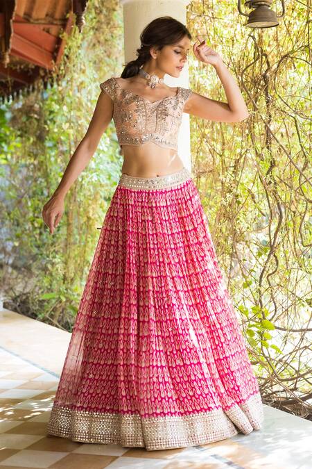 Basanti - Kapde Aur Koffee_Pink Georgette Leaf Neck Printed Lehenga Set_Online_at_Aza_Fashions