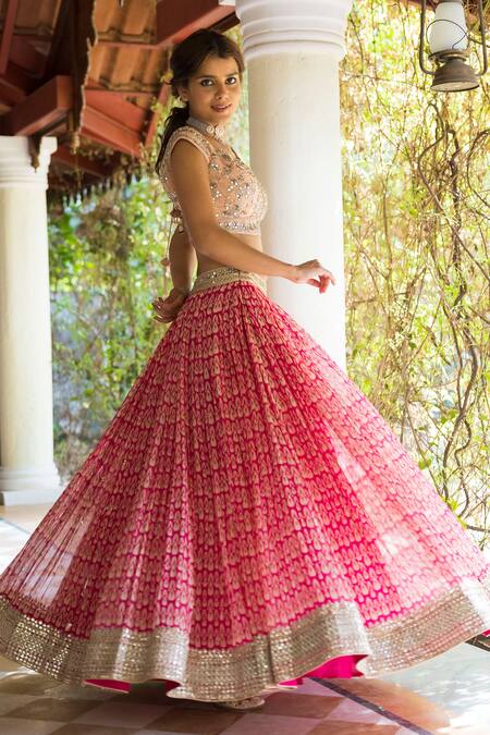 Buy_Basanti - Kapde Aur Koffee_Pink Georgette Leaf Neck Printed Lehenga Set_Online_at_Aza_Fashions