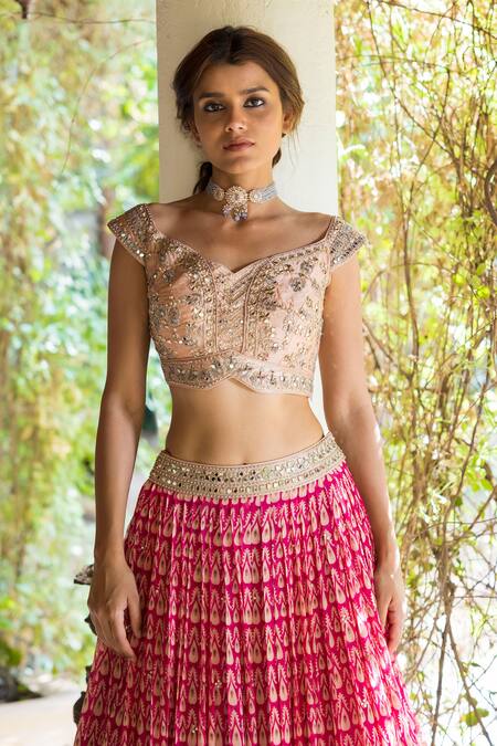 Shop_Basanti - Kapde Aur Koffee_Pink Georgette Leaf Neck Printed Lehenga Set_Online_at_Aza_Fashions