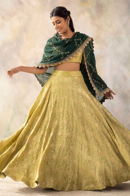 1001375 Baby Pink Lehenga With Light Green Dupatta Done With Goldan Resham  Bold Motif Silk