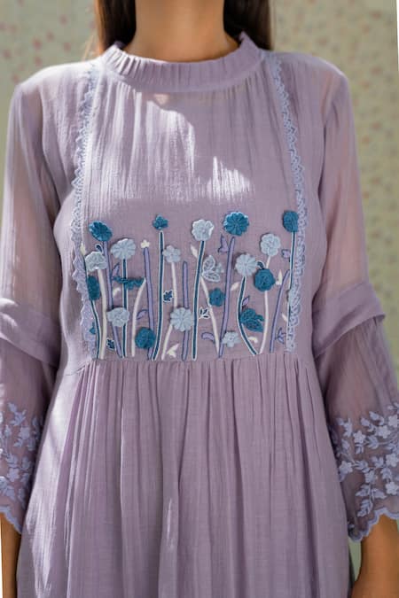 Shop_Naaz By Noor_Purple Cotton, Organza, Chanderi Thread Work, 3d Embroidered Kurta Palazzo Set _Online_at_Aza_Fashions
