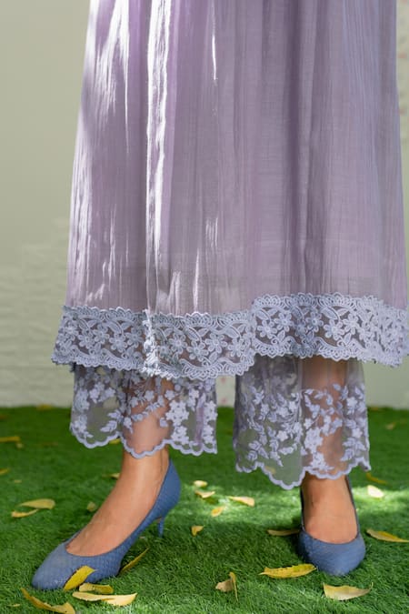 Naaz By Noor_Purple Cotton, Organza, Chanderi Thread Work, 3d Embroidered Kurta Palazzo Set _at_Aza_Fashions