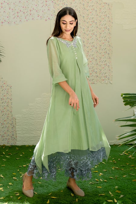 Naaz By Noor_Green Cotton, Organza, Chanderi Thread Work Round Asymmetric Kurta And Palazzo Set _Online_at_Aza_Fashions