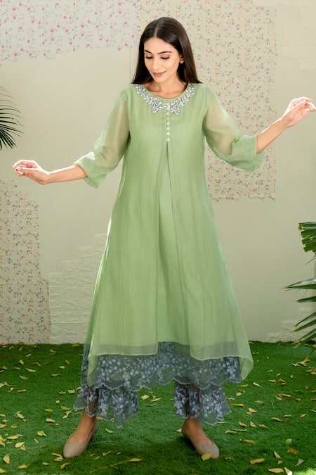 Buy_Naaz By Noor_Green Cotton, Organza, Chanderi Thread Work Round Asymmetric Kurta And Palazzo Set _Online_at_Aza_Fashions