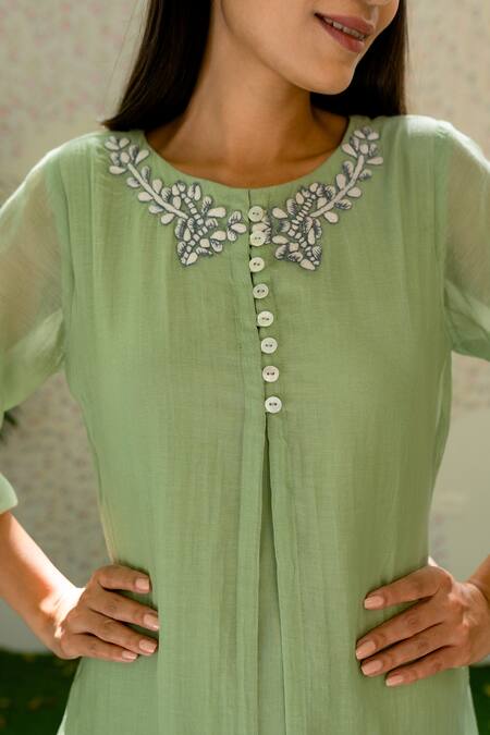 Shop_Naaz By Noor_Green Cotton, Organza, Chanderi Thread Work Round Asymmetric Kurta And Palazzo Set _Online_at_Aza_Fashions