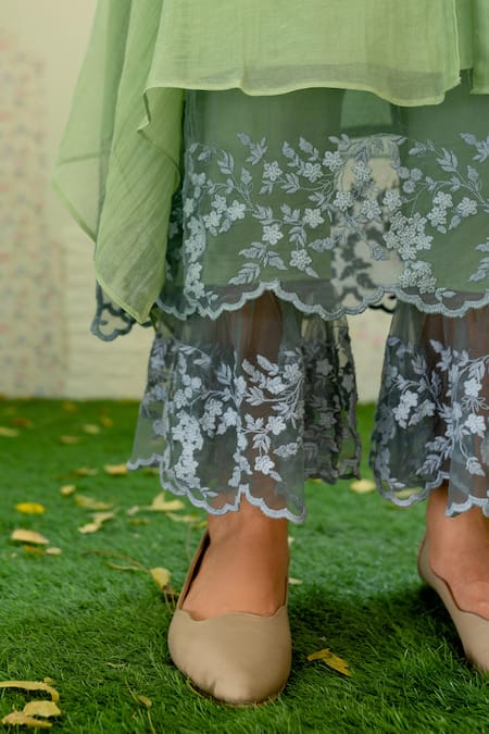 Naaz By Noor_Green Cotton, Organza, Chanderi Thread Work Round Asymmetric Kurta And Palazzo Set _at_Aza_Fashions