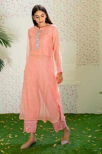 Naaz By Noor_Peach Cotton, Organza, Chanderi Thread Work Mandarin Collar Kurta And Palazzo Set_Online_at_Aza_Fashions