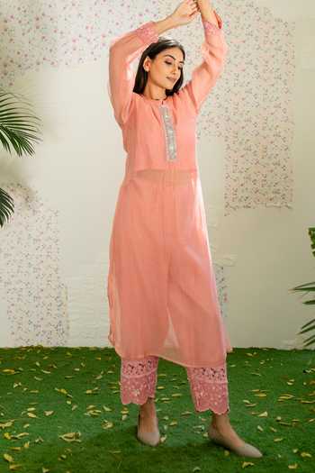 Buy_Naaz By Noor_Peach Cotton, Organza, Chanderi Thread Work Mandarin Collar Kurta And Palazzo Set_Online_at_Aza_Fashions