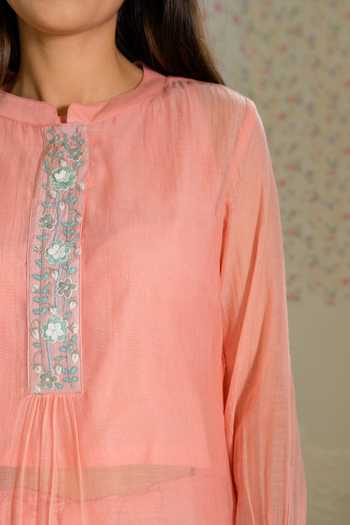 Shop_Naaz By Noor_Peach Cotton, Organza, Chanderi Thread Work Mandarin Collar Kurta And Palazzo Set_Online_at_Aza_Fashions
