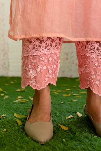 Naaz By Noor_Peach Cotton, Organza, Chanderi Thread Work Mandarin Collar Kurta And Palazzo Set_at_Aza_Fashions