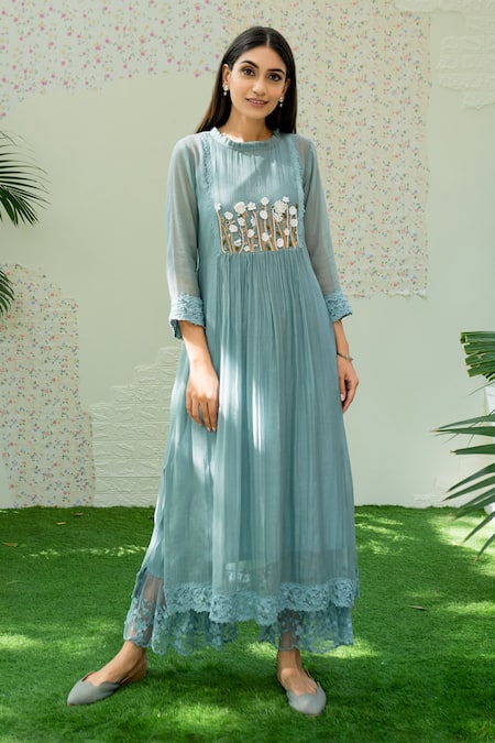 Green Velvet Straight Kurti with Printed Chanderi Palazzo – anokherang