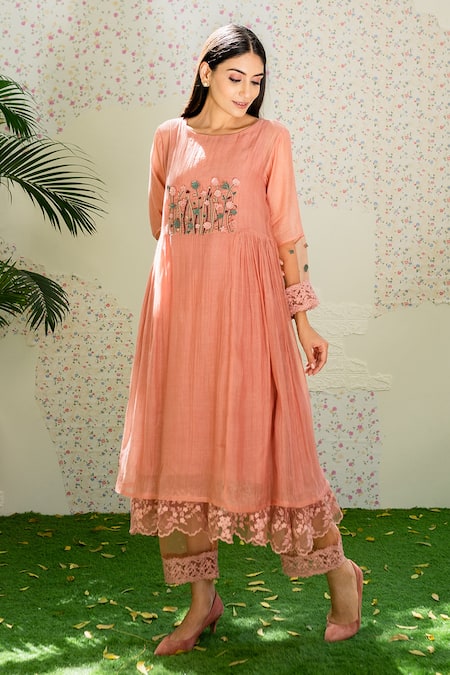 Naaz By Noor Pink Cotton, Organza, Chanderi Thread Work, 3d Embroidered Kurta And Palazzo Set Online at Aza Fashions Naaz By Noor_Pink Cotton, Organza, Chanderi Thread Work, 3d Embroidered Kurta And Palazzo Set _Online_at_Aza_Fashions
