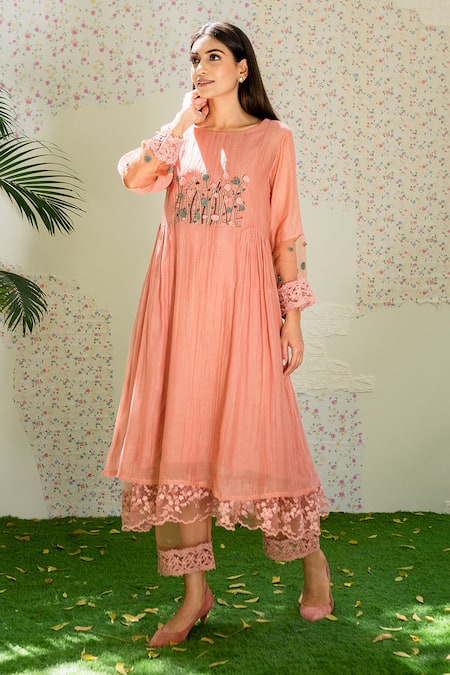 Buy Naaz By Noor Pink Cotton, Organza, Chanderi Thread Work, 3d Embroidered Kurta And Palazzo Set Online at Aza Fashions Buy_Naaz By Noor_Pink Cotton, Organza, Chanderi Thread Work, 3d Embroidered Kurta And Palazzo Set _Online_at_Aza_Fashions