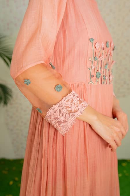 Shop Naaz By Noor Pink Cotton, Organza, Chanderi Thread Work, 3d Embroidered Kurta And Palazzo Set Online at Aza Fashions Shop_Naaz By Noor_Pink Cotton, Organza, Chanderi Thread Work, 3d Embroidered Kurta And Palazzo Set _Online_at_Aza_Fashions