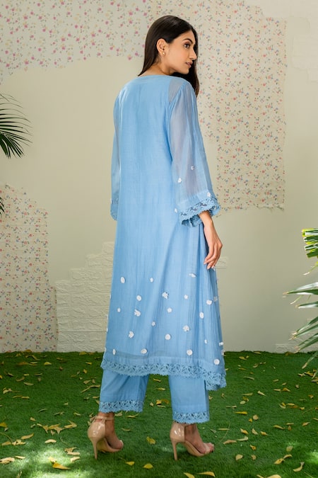 Shop Naaz By Noor Blue Cotton, Organza, Chanderi Thread Work, 3d Embroidered Kurta And Palazzo Set at Aza Fashions Shop_Naaz By Noor_Blue Cotton, Organza, Chanderi Thread Work, 3d Embroidered Kurta And Palazzo Set _at_Aza_Fashions