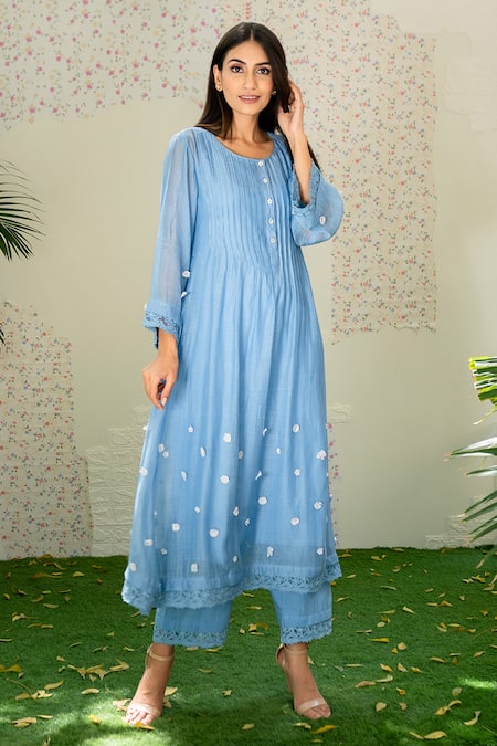 Naaz By Noor Blue Cotton, Organza, Chanderi Thread Work, 3d Embroidered Kurta And Palazzo Set Online at Aza Fashions Naaz By Noor_Blue Cotton, Organza, Chanderi Thread Work, 3d Embroidered Kurta And Palazzo Set _Online_at_Aza_Fashions