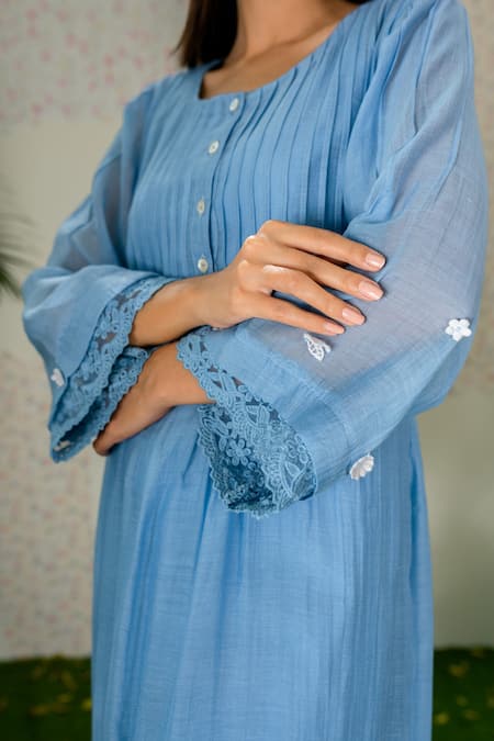 Shop Naaz By Noor Blue Cotton, Organza, Chanderi Thread Work, 3d Embroidered Kurta And Palazzo Set Online at Aza Fashions Shop_Naaz By Noor_Blue Cotton, Organza, Chanderi Thread Work, 3d Embroidered Kurta And Palazzo Set _Online_at_Aza_Fashions