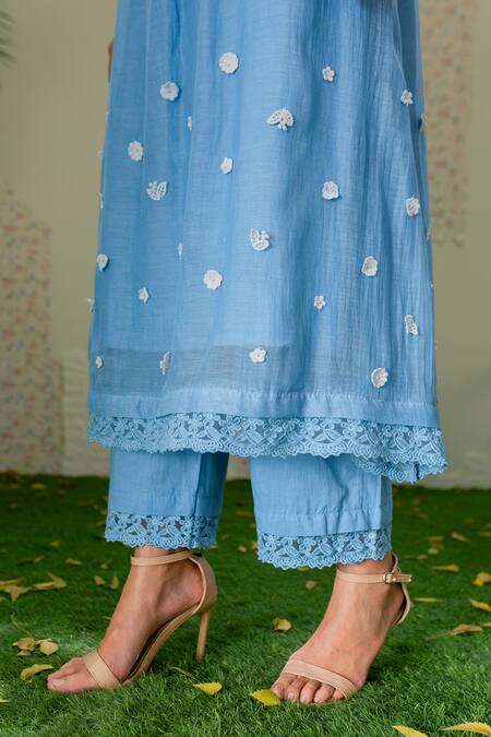 Naaz By Noor Blue Cotton, Organza, Chanderi Thread Work, 3d Embroidered Kurta And Palazzo Set at Aza Fashions Naaz By Noor_Blue Cotton, Organza, Chanderi Thread Work, 3d Embroidered Kurta And Palazzo Set _at_Aza_Fashions
